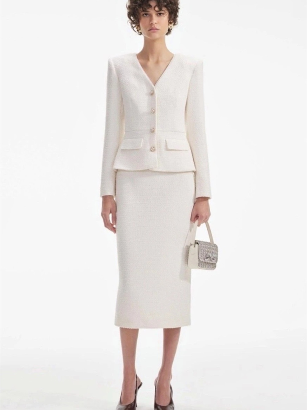Self-Portrait Cream Boucle Peplum Jacket and Skirt Set